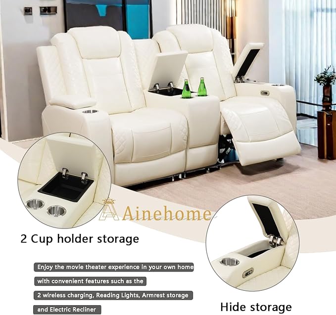 A Ainehome Power Leather Recliner Sofa Set with LED Lights, Recliner Sofa Sectional Couches for Living Room, Reclining Sofa and loveseat with USB Port/Storage Console(Creamy White,loveseat)