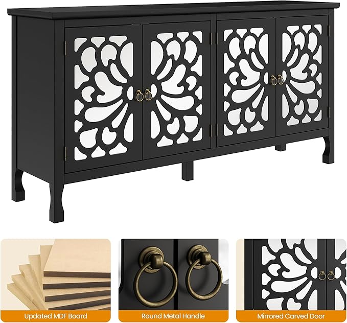 63" Carved Buffet Cabinet with Mirrored Door, Modern Console Cabinet with Storage and Adjustable Shelves, Wood Media Cabinet for Entryway, Living Room, Bedroom, Dining Room, Bathroom (Black)
