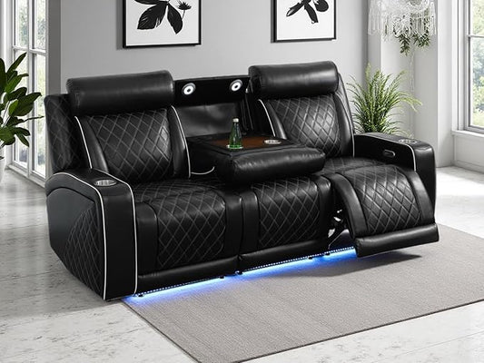 Breathing Leather Power Reclining Sofa with Cup Holders, Living Room Furniture with 2 Recliners, 3 Seater Leather Sofa Couch with Flip-Down Table/USB Port for Living Room/Office/Home Theater