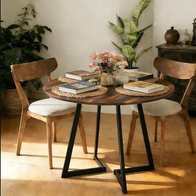 Karl home 35.4in Small Dining Table, Round Dining Table with Wood Finish Wing-Shaped Steel Legs, Circle Dinner Tables for Small Space, Apartment, Office, Kitchen, for 2 to 4 Person-Rustic Brown