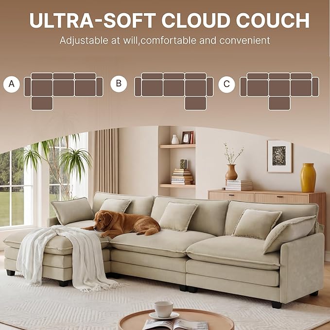 KISLOT 122" Oversized Modular Sectional Sofa,L-Shaped Cloud Couch with Movable Ottoman,Thick Cushions,4 Deep Seats with 5 Throw Pillows Sofa Couch Set for Living Room, Bedroom | Wood Frame