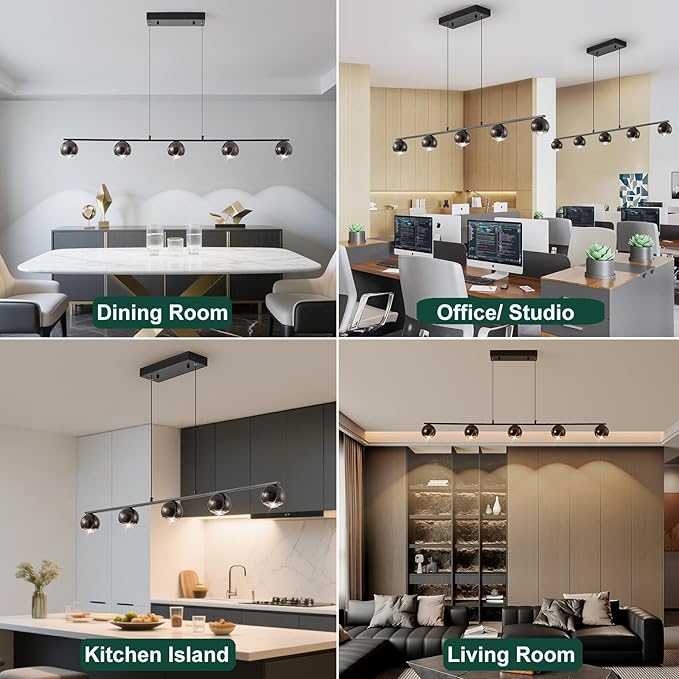 Modern LED Pendant Lights, Dimmable 47in Linear Globe LED Chandelier Lighting, Black & Gold Dining Room Hanging Light Fixtures Kitchen Island 5-Globe Pendant Light for Dining Table (3150lm)