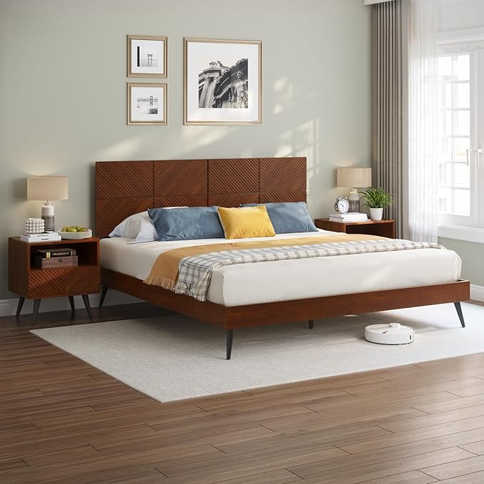 Bme Rhombus King Bed Frame – Solid Rubber Wood with Geometric Rhombus Headboard, Walnut Finish, Scandinavian Modern Platform Bed with Sturdy Slats & Metal Legs, No Box Spring Needed