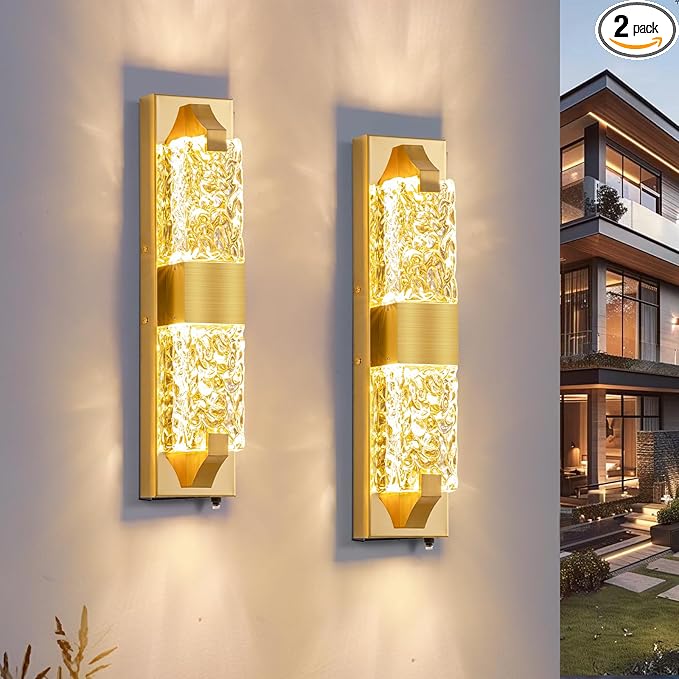 Dusk to Dawn Outdoor Lighting 2Pcs 18.8" Modern Ripple Crystal Porch Lights Outdoor, Waterproof IP65 Hardwired Wall-Mounted Exterior Light for House Entryway, Patio, Doorway (Gold)