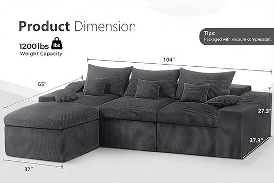 HABUTWAY 104" L Shaped Cloud Sectional Couch, Boneless Modular Sectional Sofa with Deep Seat, Corduroy Couches for Living Room, Modular Couch, No Assembly Required (Grey)