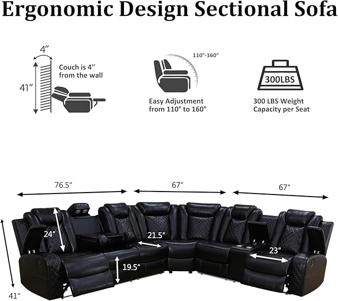 Power Recliner Sectional Sofa with LED, Breathing Leather Reclining Sectional Couch, L Shaped Couch with Dual Recliners, USB Port, Cup Holder&Storage (Black, Sectional+Loveseat(8 Seats))