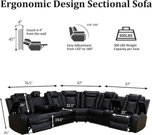 Power Recliner Sectional Sofa with LED, Breathing Leather Reclining Sectional Couch, L Shaped Couch with Dual Recliners, USB Port, Cup Holder&Storage (Black, Sectional+Loveseat(8 Seats))