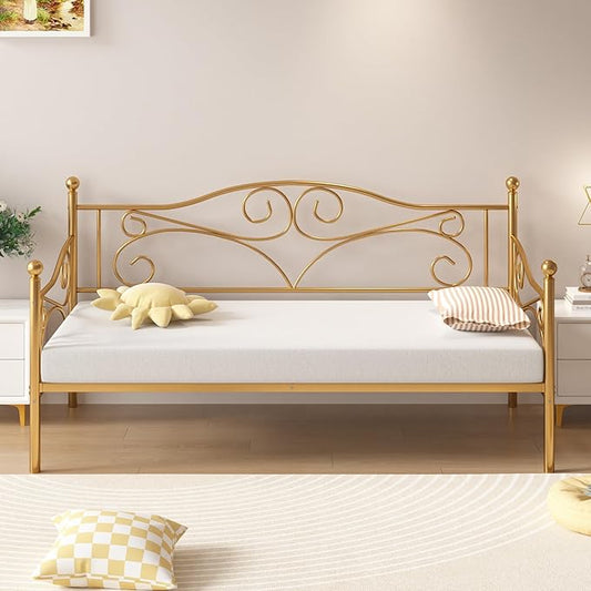 VECELO Daybed Frame, Twin Size Metal Platform Bed with Headboard,Heavy Duty Steel Slats Support for Living Room Bedroom Guest Room, Easy Assembly