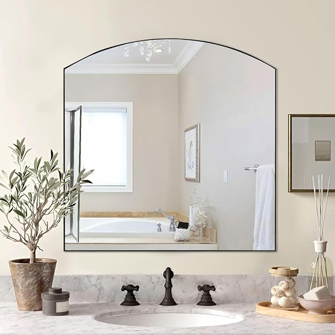 Matte Black Arched Window Mirror, 36" Metal Frame Decorative Wall Mirror, Windowpine Mirrors for Living Room, Bedroom, Entryway