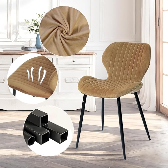 CangLong Mid Century Modern Dining Chairs Set of 2, Upholstered Kitchen Dining Room Chairs, Velvet Comfortable Dining Chair with Metal Legs, for Kitchen, Dining, Living Room, Yellowish Brown