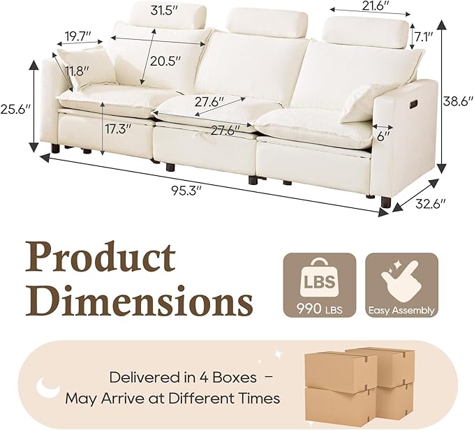3-Seat Power Reclining Sofa with Under-Seat Storage, USB Ports, Chenille Upholstery, Removable Headrests & Throw Pillows, Power Reclining Couch for Living Room (Cream)