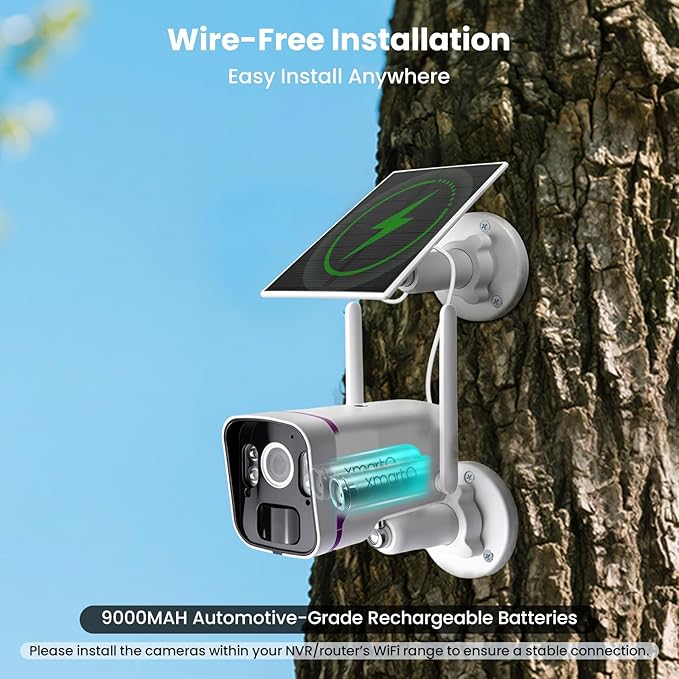 xmartO Wireless Solar Security Camera System, 10CH 4K Expandable WiFi6 NVR+4*4MP 2K Outdoor Cams, All Weather Solar, 2-Way Audio, IR&Color NV, Long Range WiFi Mesh, Free 2-Years Video,No Monthly Fees