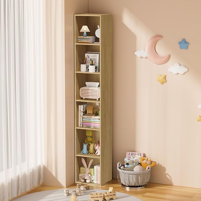 6 Tier Bookshelf, Open Tall Narrow Floor Standing Bookcase, Storage Organizer Bookshelves Freestanding Book Shelf for Living Room, Bedroom, Home Office (Oak, 6 Cube)