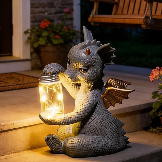 DiliComing Solar Dragon Garden Statues - Cute Dragon Baby Holding a Solar Jar, Outdoor Lawn Décor for Garden Yard, Balcony and Home, for Women