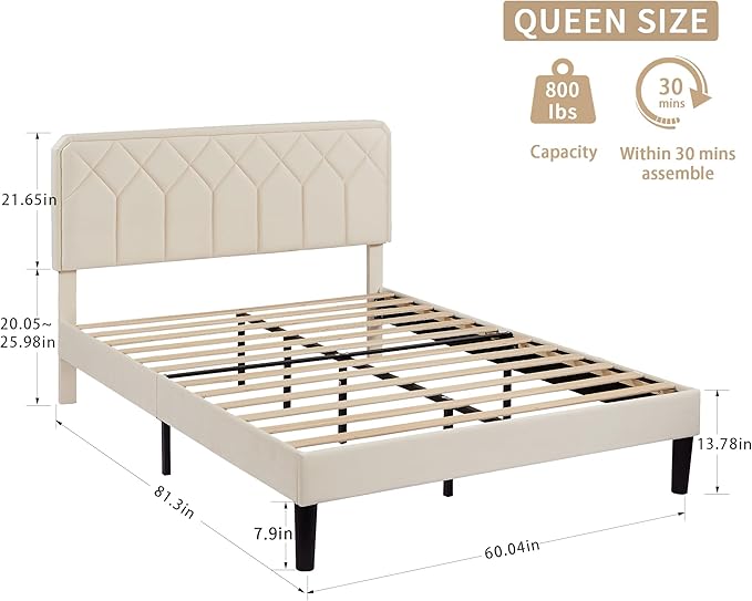 VECELO Queen Size Bed Frame Premium Velvet Upholstered Platform with Height Adjustable Headboard/Mattress Foundation, Solid Wooden Slat Support, No Box Spring Needed/Easy Assembly