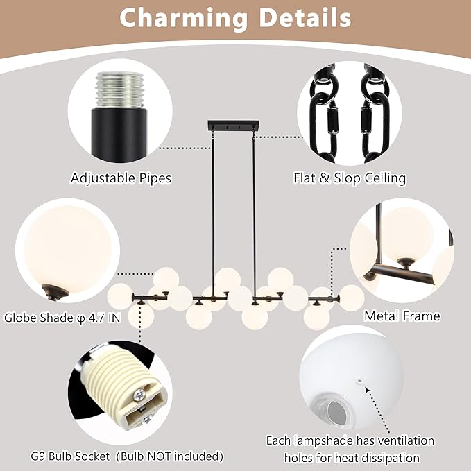 Linear Chandeliers for Dining Room, 55in Sputnik Chandeliers 16-Light Glass Globe Chandelier Black Milk White Bubble Modern Chandelier Large Pendant Lights Kitchen Island Lighting