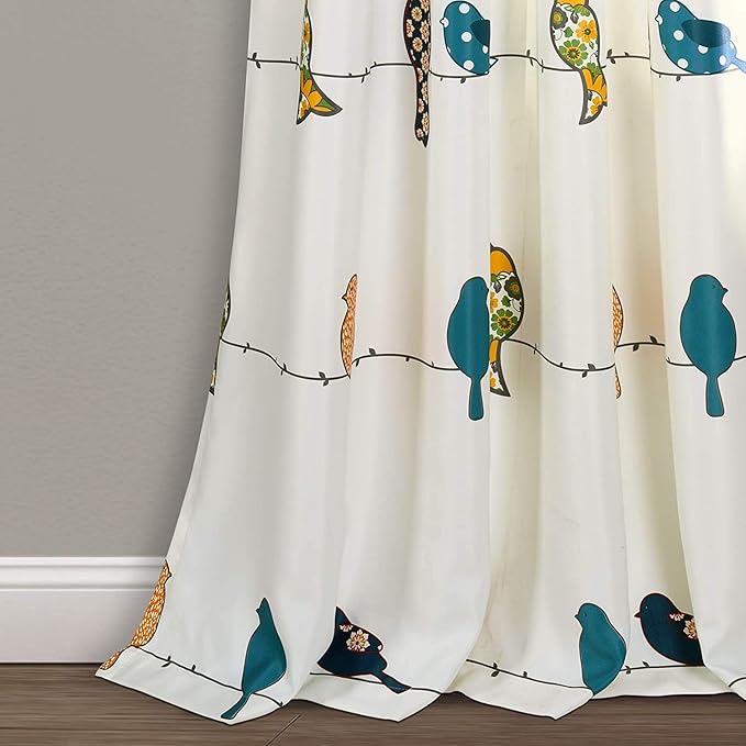 Lush Decor Rowley Birds Light Filtering Window Curtain Panels, Pair, 52" W x 84" L, Multi - Colorful Floral Print - Whimsical & Playful Bird Curtains For Bedroom, Living Room, Or Dining Room