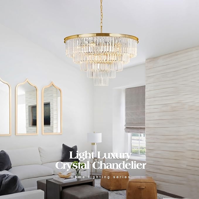 Gold Plated Modern Crystal Chandeliers Lighting Contemporary Pendant Chandelier Ceiling Lamp Lights Fixture 5-Tier (10 Lights) for Dining Living Room Entryway W28 Inch