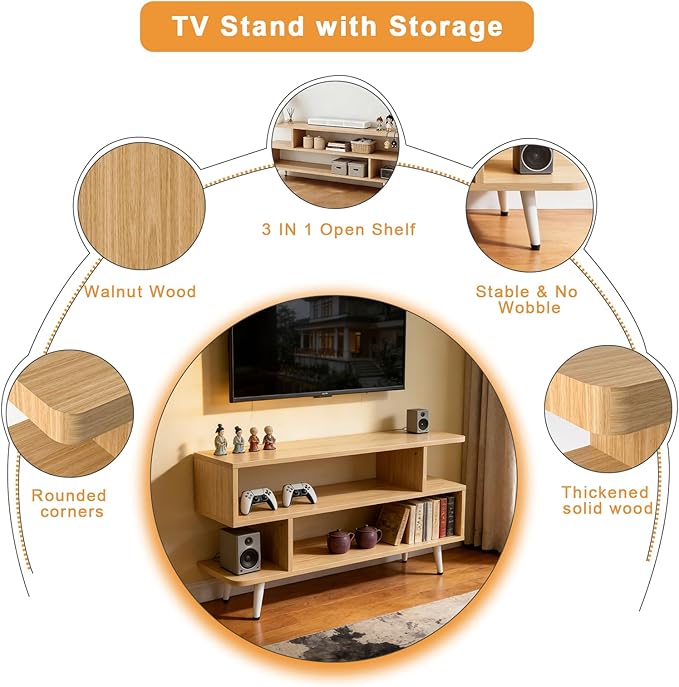 Lightdot TV Stand for TVs to 32'', Modern Entertainment Center with 3 Open Storage Shelf, Sturdy Media Console Table for Living Room/Entrance/Sofa Cabinet, Large Capacity, Easy Installation-Walnut