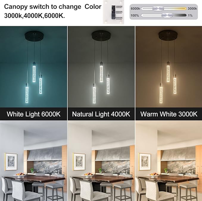 Modern Pendant 3 Light with Adjustable Height - Brushed Nickel & Clear Glass Cylinder Island Lights, 3000-6000K Dimmable Kitchen Pendant Lighting for Kitchen Island, Dining Room, Bar Counter