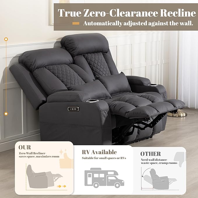 Zero Wall Hugger Power Reclining Loveseat with Adjustable Headrest, Power Loveseat Recliner Sofa with USB&Type-C Ports, Wall Hugger Reclining Loveseat for Living Room (Gray, 2 Seater)