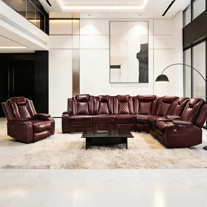 Power Reclining Sectional Sofa for Living Room – Brown Leather Reclining Sectional Couch, Storage Console & Cup Holders with LED Lights, Power Recliner Sofa for Family Use