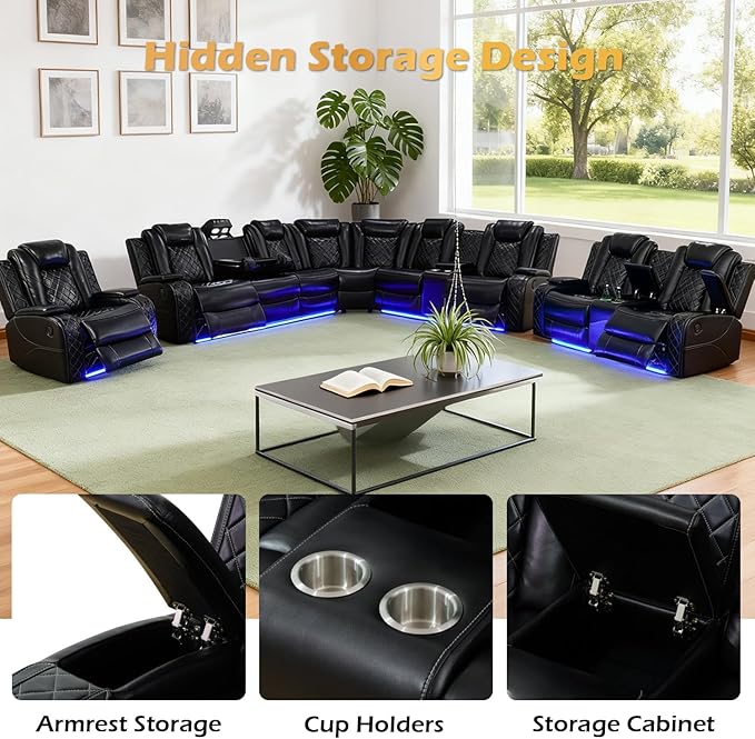Leather Power Recliner Sectional Sofa Set with LED Light,L Shaped Leather Couch Set with 5 Recliner Seats,Modular Sofa with USB Port for Living Room Furniture(Black,Sectional+Loveseat+Chair)