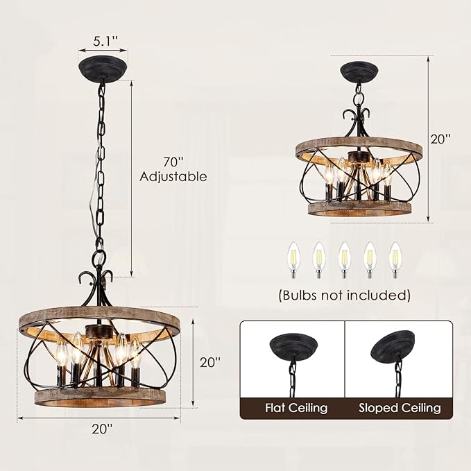 20'' Farmhouse Chandelier Light Fixture, 5-Light Dining Room Light Fixtures French Country Rustic Chandelier Over Table for Entryway Foyer Bedroom Living Room