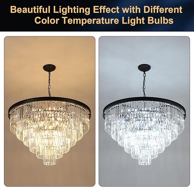 35'' Large Crystal Chandeliers 6-Tier Modern Black K9 Crystal Ceiling Pendant Light 22-Light Luxury Round Crystal Chandelier for High Ceiling Entryway Staircase Living Room Foyer