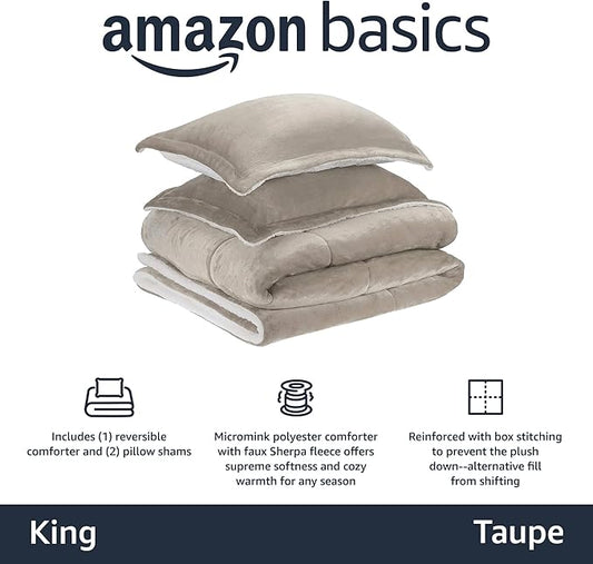 Amazon Basics Lightweight Microfiber Comforter Set 3 Pieces Duvet Cover Set With Zipper Closure, King, Taupe, Solid