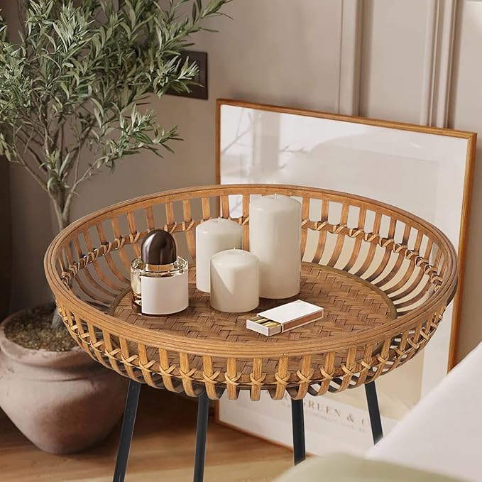 Oakrain Rattan Side Table, Nesting Tables, Set of 2, Bamboo Coffee with Metal Base for Living Room, Sofa, Bedroom, Terrace (18.11''&20.47'')