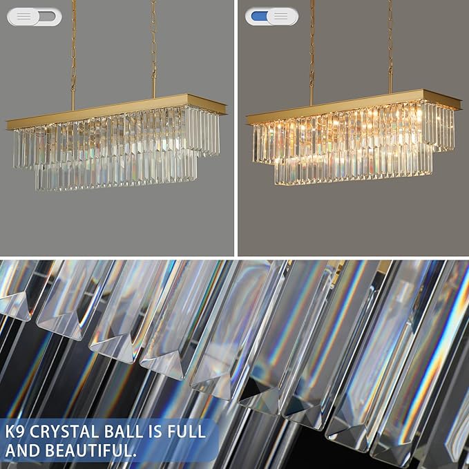 Crystal Chandeliers for Dining Room Light Fixtures Over Table，11-Lights Gold Modern Rectangle Chandeliers for Kitchen Island Bar L33.5 Inch