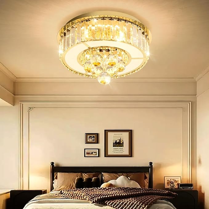 11.8'' Gold Modern Crystal Chandeliers for Dining Room LED Dimmable Light Fixtures Flush Mount Light Living Room Bedrooms