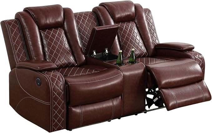 Power Recliner Sofa Set for Living Room, Leather Reclining Sofa Sets with Storage Console, Living Room Furniture Sets with LED Lights(Sofa,Wine)