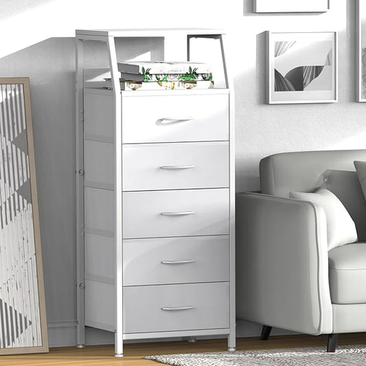 Ollieroo White Dresser for Bedroom, Storage Organizer with 5 Drawers, Vertical Fabric Storage Tower, Nightstand Bedside Table, Sturdy Steel Frame & Wooden Top