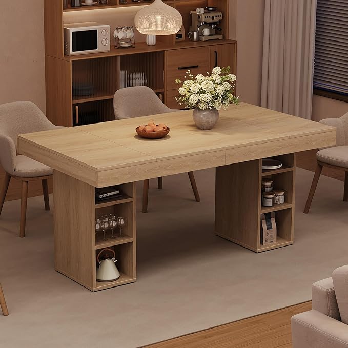 GAOMON 62.9" Wood Dining Table for 4-6 People, Large Kitchen Table with Sturdy Pedestal, Long Dining Table with Storage Cube, Farmhouse Rectangle Dinner Table for Dining Room and Living Room