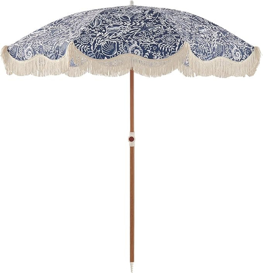6FT Fringe Beach Umbrella for Sand, Boho Coastal Patio Umbrella with Tassels, UPF 50+ Sun Protection, Tilt, Carry Bag for Beach Vacation & Pool, Reef Indigo