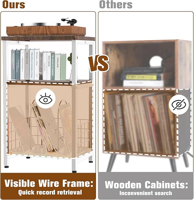 Record Player Stand, 3 Tier Side End Table with Vinyl Record Storage Basket, Turntable up to 100 Albums Record Shelf Display Holder Cabinet for Living Room, Bedroom, Office, White