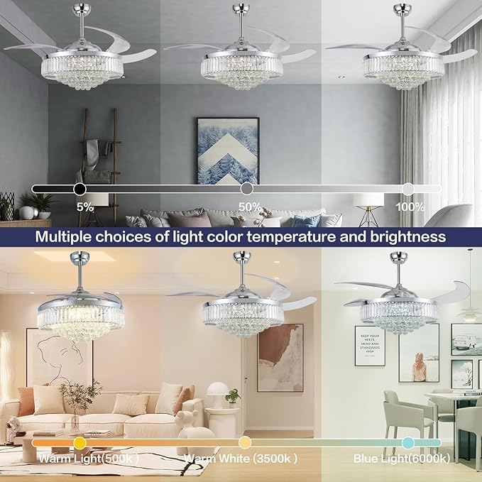 DuMaiWay 52" Dimmable Chandelier Ceiling Fan with Lights, Fandelier, Retractable Crystal Ceiling Fan Chandelier with Remote Control LED Light for Bedroom Living Room Polished Chrome 6 Speed