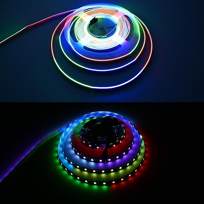 TOPAI 24V COB LED Strip RGB Smart IC, WS2811 Side Emitting 630LEDs/M High Density, 16.4FT, 8mm Width, Self Adhesive Backing, Flexible Multi Color Lighting for Home Decor