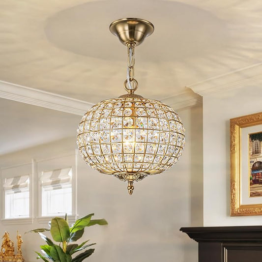 12" Globe Crystal Chandelier, Farmhouse Round Gold Crystal Pendant Light 1-Light Antique Foyer Chandelier for Dining Room Living Room Hallway Entryway