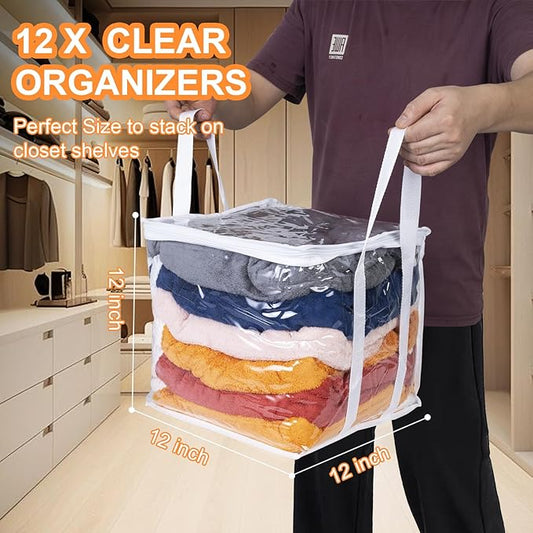 12 PCS Clear Plastic Organizers 12''x12''x12'' Blanket Storage Bags with Zipper Storage Cube Tote with Reinforced Handles for Clothes Moving Supplies Linens Shoes Closet Toys Organizers