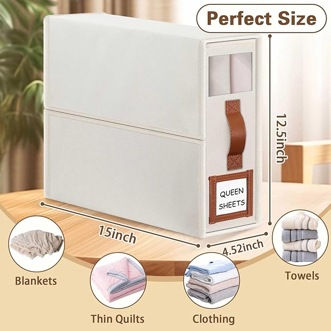 GhvyenntteS Bed Sheet Organizers and Storage 4 Pack (Queen & King Size), Foldable Sheet Organizers and Storage with Window and Label, Bed Sheet Organizer with Leather Handle, Beige