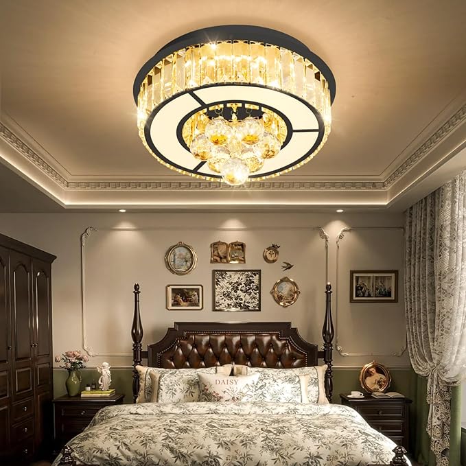 11.8'' Black Modern Crystal Chandeliers for Dining Room LED Dimmable Light Fixtures Flush Mount Light Living Room Bedrooms