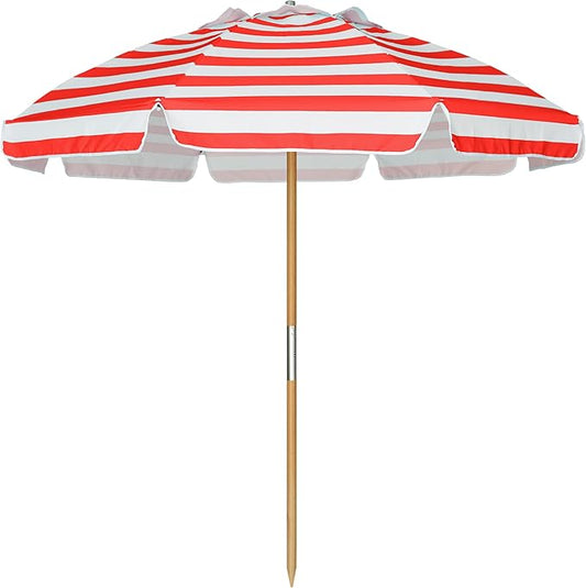 AMMSUN 7.5ft Heavy Duty HIGH Wind Beach Umbrella Commercial Grade Patio Beach Umbrella with Air Vent Ash Wood Pole & Carry Bag UPF50+ Protection Red White