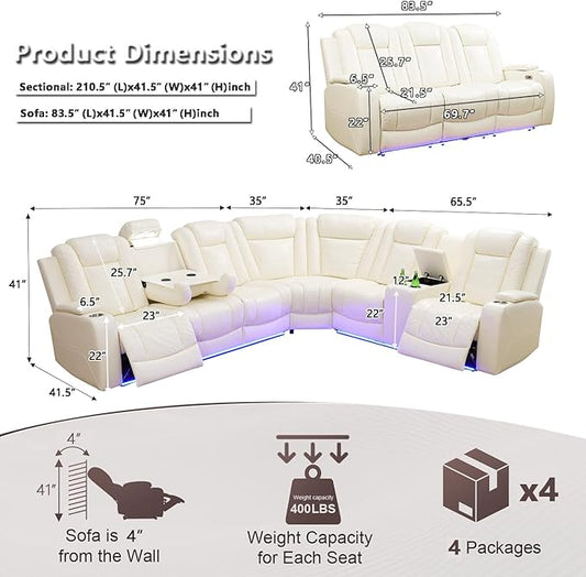 Power Recliner Sectional Sofa Set with LED Lights, Living Room Furniture Sets, L Shaped Reclining Sectional Couch and 3 Seats Sofa,Leather Couch with Coffee Table/Storage for Living Room