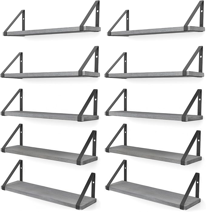 Wallniture Ponza 17'' x 4.5'' Floating Wall Shelf Bathroom, Small Wood Book Shelves for Wall Storage, Wall Mounted Shelf, Dining Room, Bedroom, Living Room, Office & Kitchen Organization, Gray, 10pcs