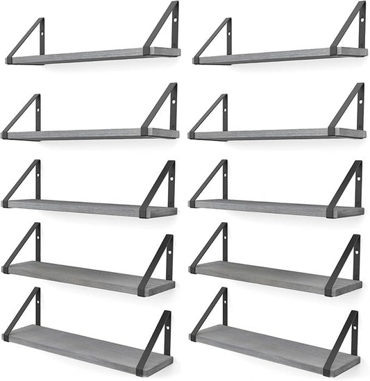Wallniture Ponza 17'' x 4.5'' Floating Wall Shelf Bathroom, Small Wood Book Shelves for Wall Storage, Wall Mounted Shelf, Dining Room, Bedroom, Living Room, Office & Kitchen Organization, Gray, 10pcs