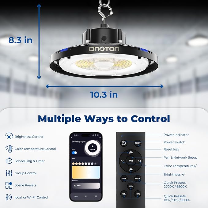 CINOTON Smart UFO LED High Bay Light 150W 21000lm, 2700K-6500K 1-100% Brightness Stepless Dimm Aluminum Shop Lights, ETL Listed Lighting for Garage Stadium, APP/Alexa/Remote Control, 120-277V, 2 Pack