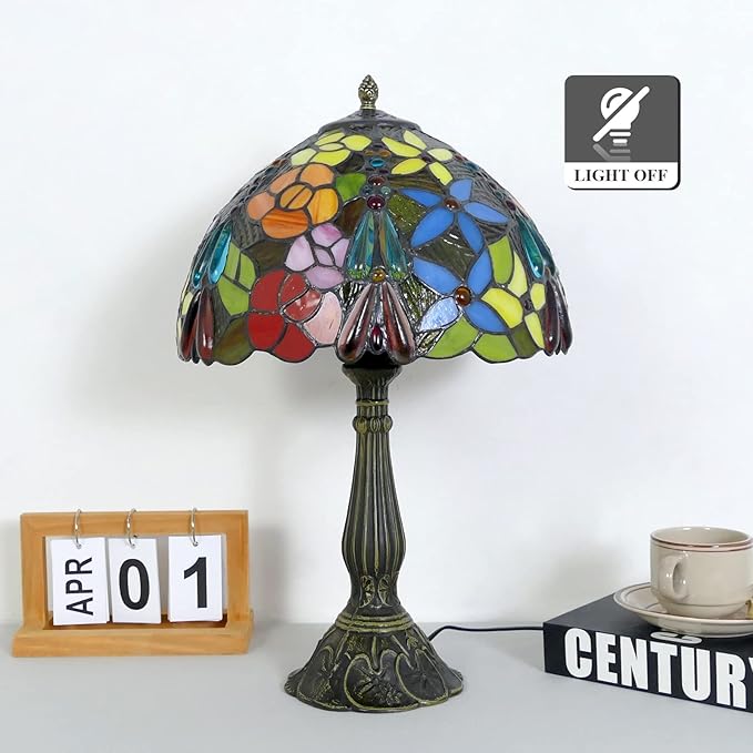 Tiffany Table Lamp 12x12x19 Inch Multi-Color Flowers Style Table Lamp Stained Glass Lamp Bedside Nightstand Reading Desk Light for Bedroom Home Office Decor (LED Bulb Included)